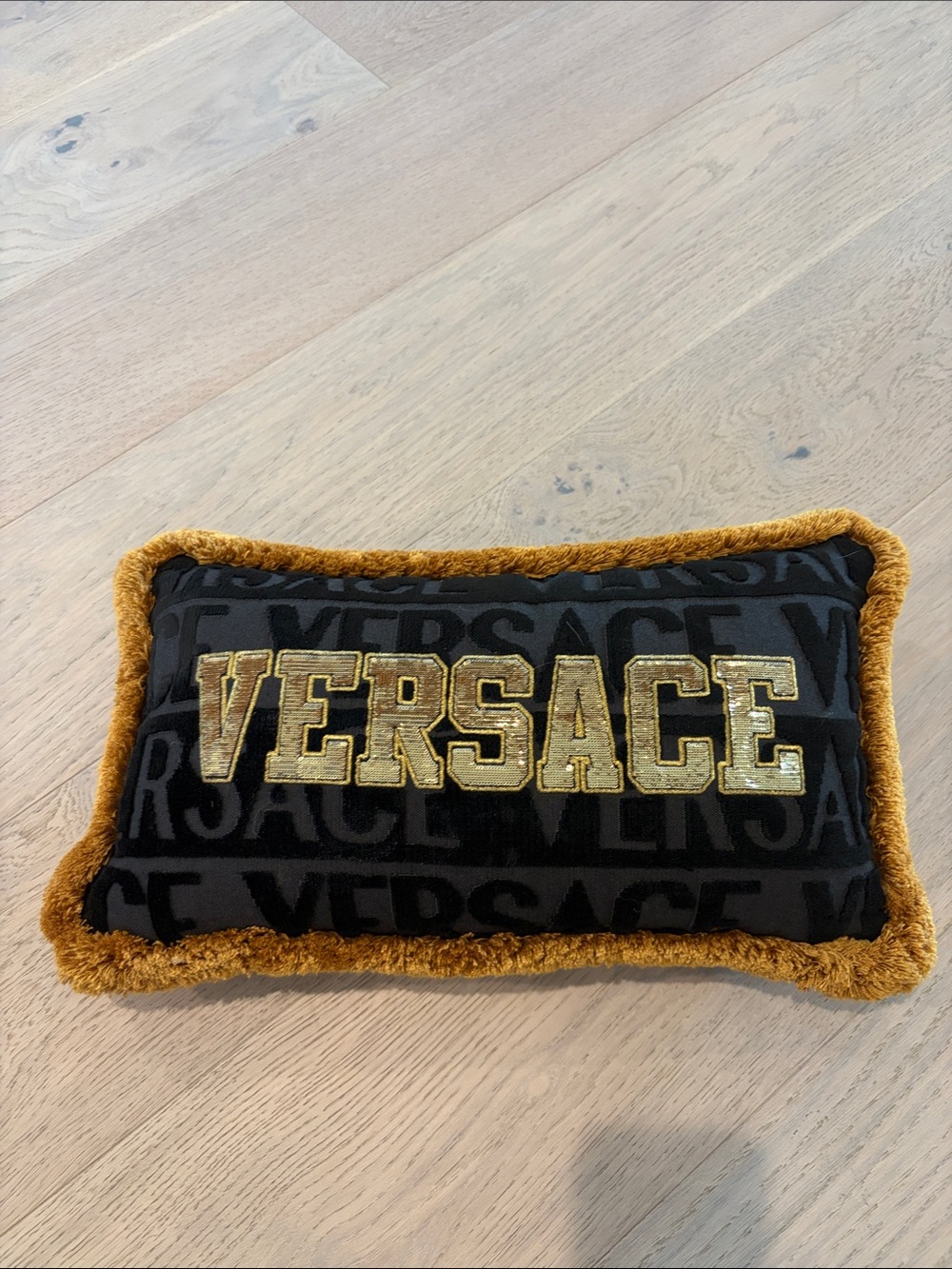Versace Black and Gold Embroidered Logo Throw Pillow with Gold Trim
